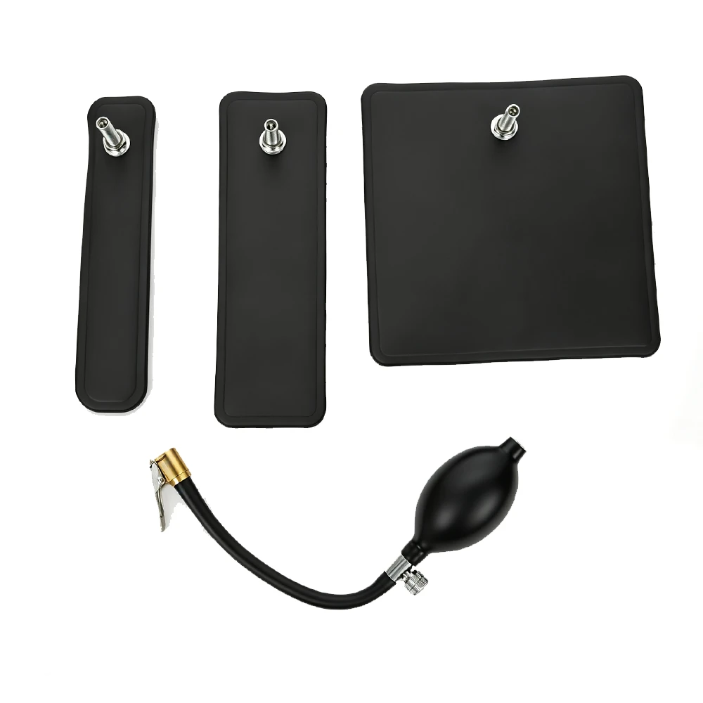 Kit de pompe manuelle à cales gonflables avec 3 cales gonflables pour l'alignement du véhicule 3 Kit de coussins d’air gonflables VIKTEC avec trois patins de levage noirs de différentes tailles et une pompe manuelle pour les travaux d’espacement et d’alignement de la carrosserie du véhicule.