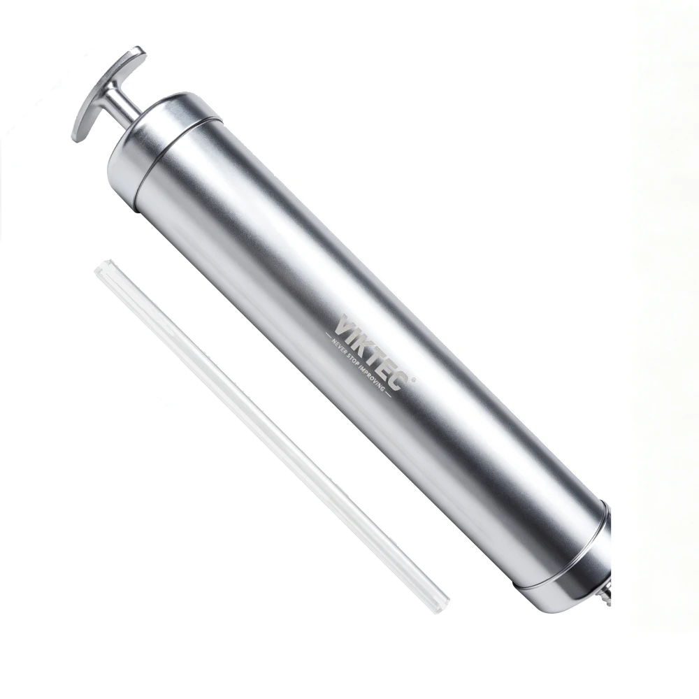 500cc Oil Suction Gun with Flexible Hose 3 VIKTEC 500cc metal oil suction gun with plunger handle and transparent suction hose for extracting and transferring automotive fluids.