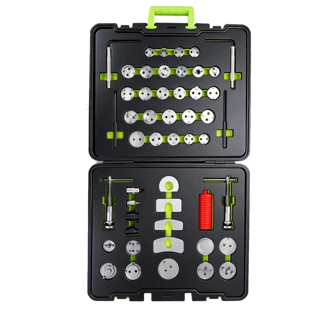 Kit de herramientas de 50 piezas para retraer pistones de freno 6 Abra el kit de herramientas VIKTEC de 50 piezas para retraer pistones de freno con husillos para rosca izquierda y derecha, placas de reacción y adaptadores de pinza surtidos.