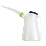 VIKTEC 5-liter translucent oil and fuel measuring jug with molded handle, secure lid and flexible pouring spout.