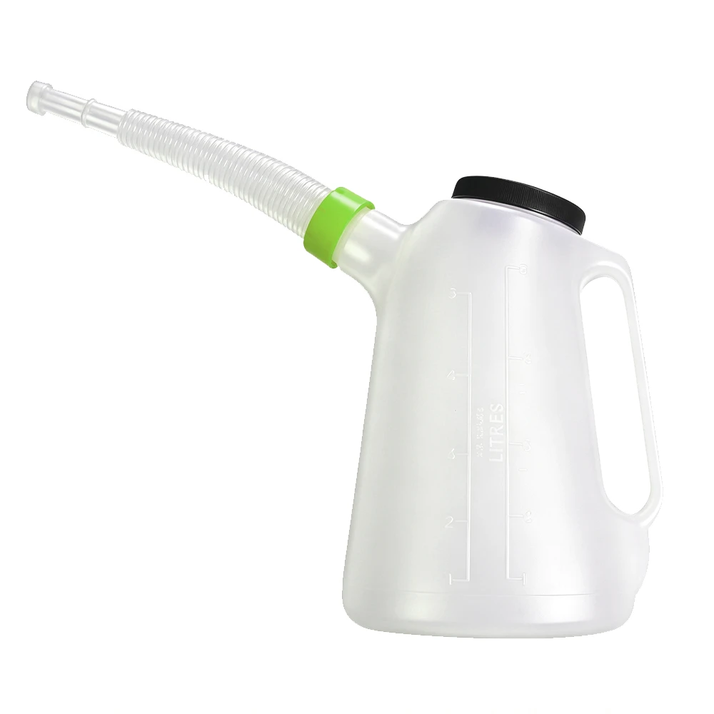 Jarra medidora de líquidos de 5 L con boquilla flexible 5 Jarra medidora translúcida de aceite y combustible VIKTEC de 5-liter con asa moldeada, tapa segura y boquilla flexible para vertido.