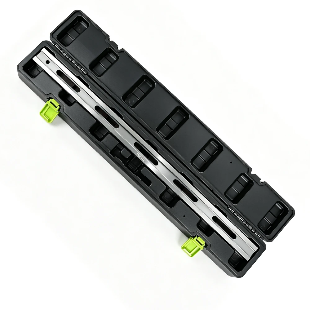 Juego de galgas de espesores de hoja larga de 13 piezas 0.05–1.00mm 6 Regla recta de precisión ranurada abierta VIKTEC VT14042B de 630 mm en un estuche de almacenamiento moldeado para comprobar la planitud de la superficie de la culata y del bloque del motor con galgas de espesores.
