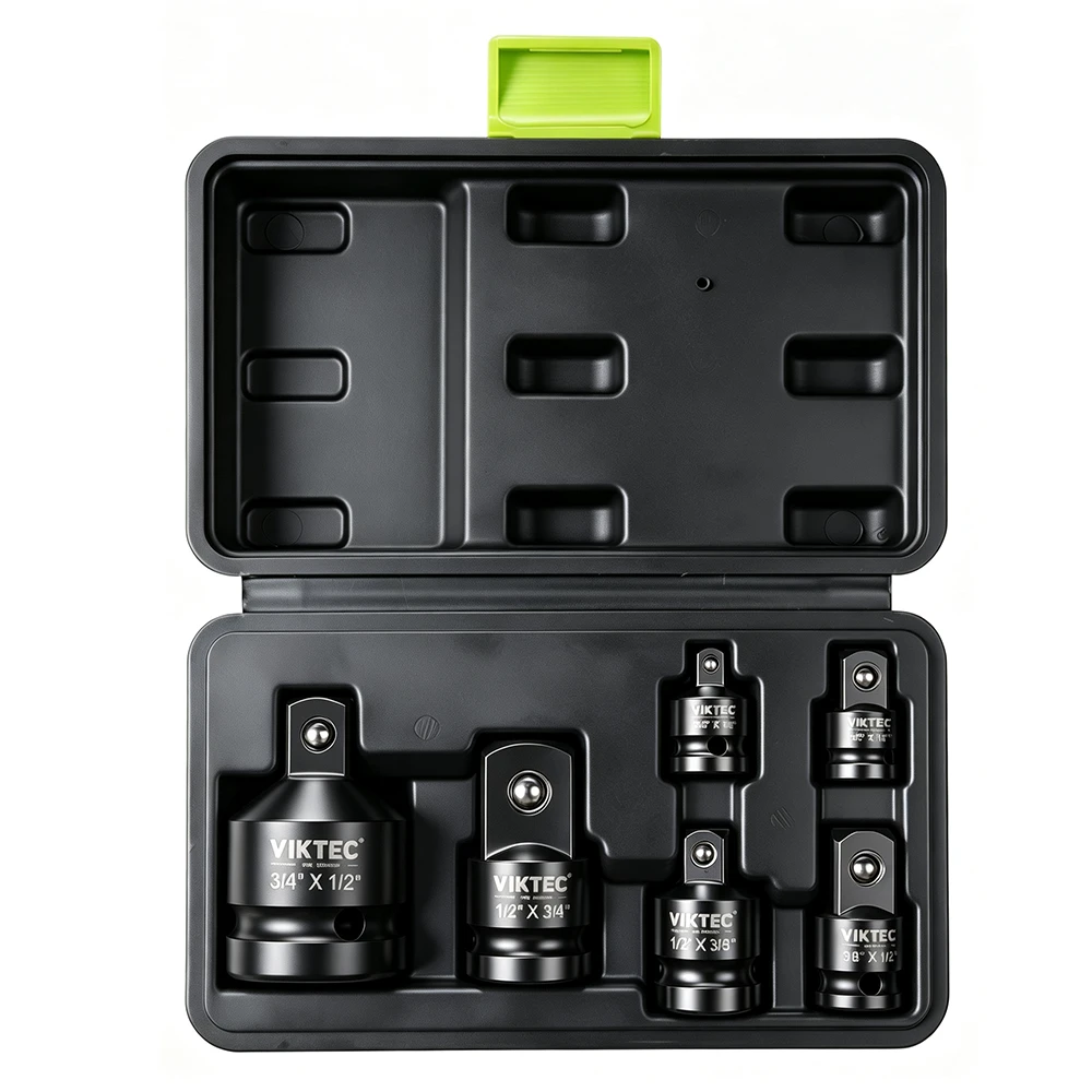 6PC Air Hammer Chisel Set for Pneumatic Repair Tools 5 Open VIKTEC 6-piece impact socket adapter and reducer set with drive conversions from 1/4 inch to 3/4 inch in a molded storage case.