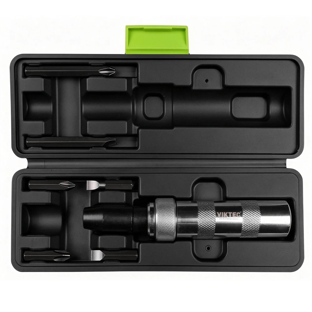 Open VIKTEC 7-piece manual impact driver set with Phillips and slotted bits in a compact molded storage case.