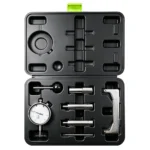 Open VIKTEC 7-piece fuel injection static timing tool set with dial indicator, adaptors and locking pins for compatible VAG diesel injection pumps.