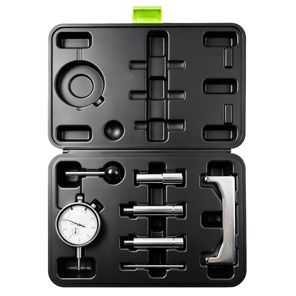 Fuel Injection Static Timing Tool Kit for Diesel Injection Pump Adjustment 1 Open VIKTEC 7-piece fuel injection static timing tool set with dial indicator, adaptors and locking pins for compatible VAG diesel injection pumps.