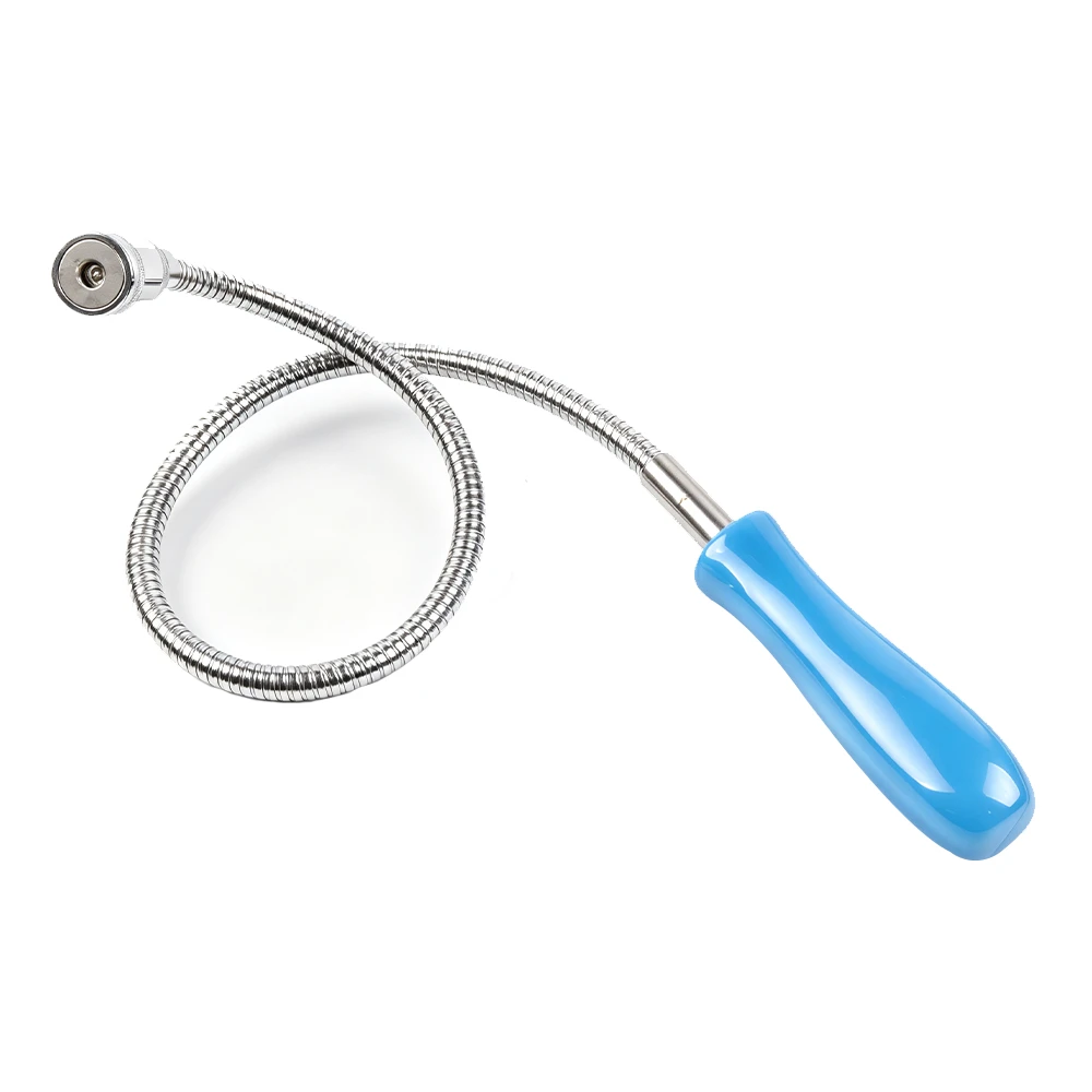 VIKTEC flexible magnetic pick-up tool with LED light, blue handle and bendable metal shaft for retrieving parts up to 8 lb.