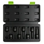 Open VIKTEC 8-piece 1/2-inch drive spline impact socket bit set with M5 to M16 sizes in a molded storage case.
