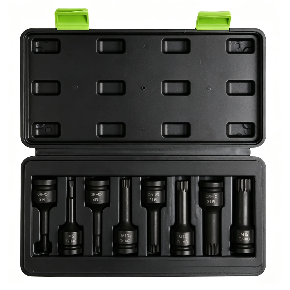 Open VIKTEC 8-piece 1/2-inch drive spline impact socket bit set with M5 to M16 sizes in a molded storage case.