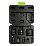 Open VIKTEC 8-piece impact socket adaptor and reducer set with multiple square-drive sizes arranged in a compact molded case.