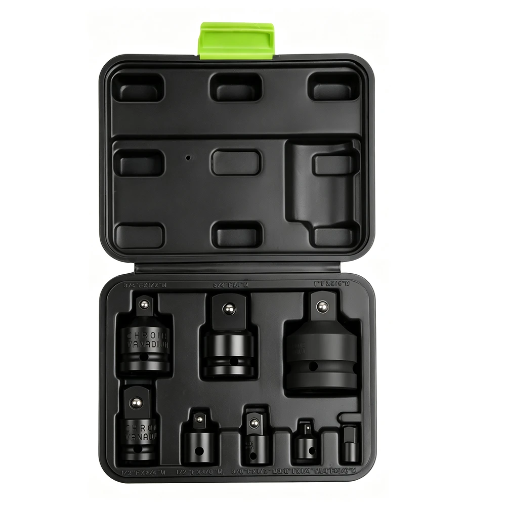 Open VIKTEC 8-piece impact socket adaptor and reducer set with multiple square-drive sizes arranged in a compact molded case.