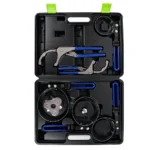 Open VIKTEC 8-piece stainless steel oil filter wrench set with multiple adjustable band and plier-style tools in a molded carrying case.