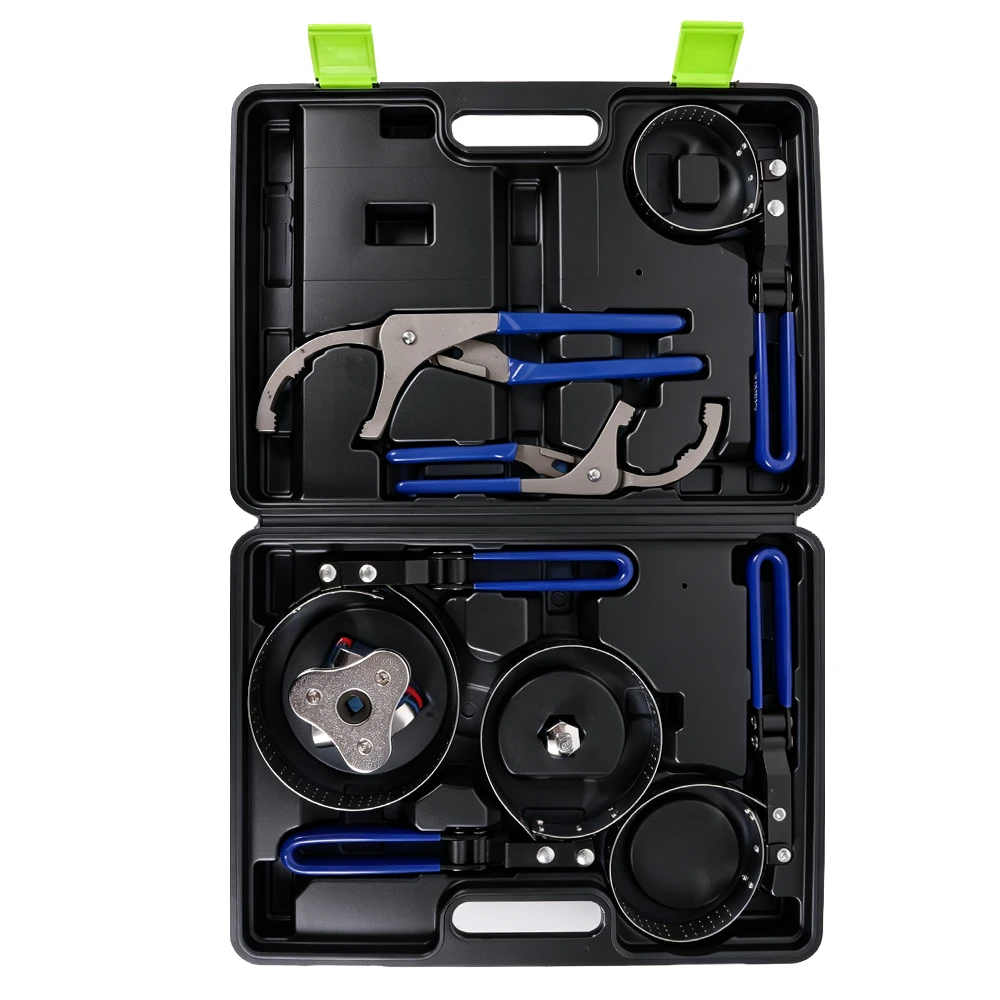 8PC Stainless Steel Oil Filter Wrench Set 4 Open VIKTEC 8-piece stainless steel oil filter wrench set with multiple adjustable band and plier-style tools in a molded carrying case.