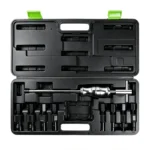 Open VIKTEC 9-piece blind bearing puller set with eight expandable collets covering 9–34 mm and a 1.4 kg slide hammer in a blow-molded case.