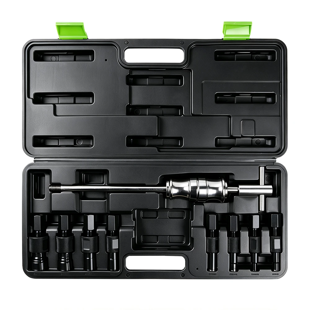 Open VIKTEC 9-piece blind bearing puller set with eight expandable collets covering 9–34 mm and a 1.4 kg slide hammer in a blow-molded case.