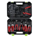 Open VIKTEC 9-piece hose clamp removal pliers set with flexible cable pliers and assorted clamp tools in a molded carrying case.