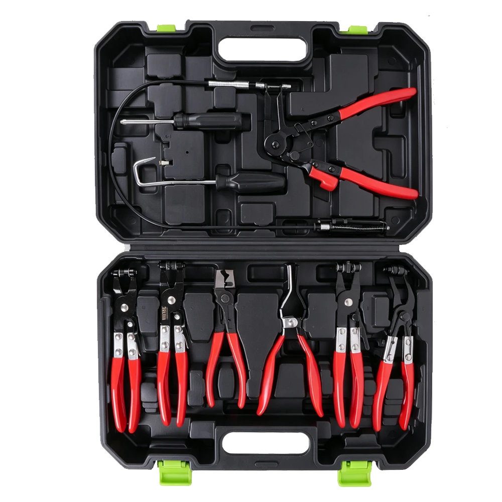 Hose Clamp Pliers Set for Automotive Cooling System Service 2 Open VIKTEC 9-piece hose clamp removal pliers set with flexible cable pliers and assorted clamp tools in a molded carrying case.