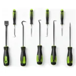 VIKTEC 9-piece scraper, hook and pick tool kit with assorted straight, angled and curved tips and non-slip handles.