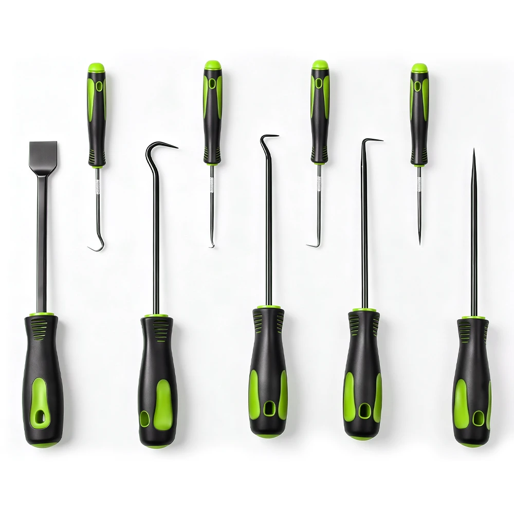 VIKTEC 9-piece scraper, hook and pick tool kit with assorted straight, angled and curved tips and non-slip handles.