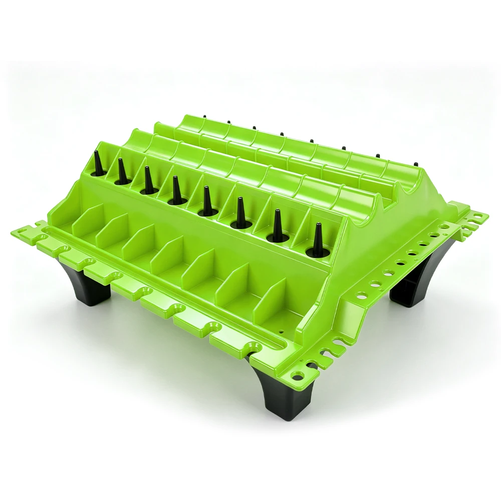 VIKTEC cylinder head component organizer tray with dedicated sections and retaining posts for keeping valves, springs and related engine parts arranged.