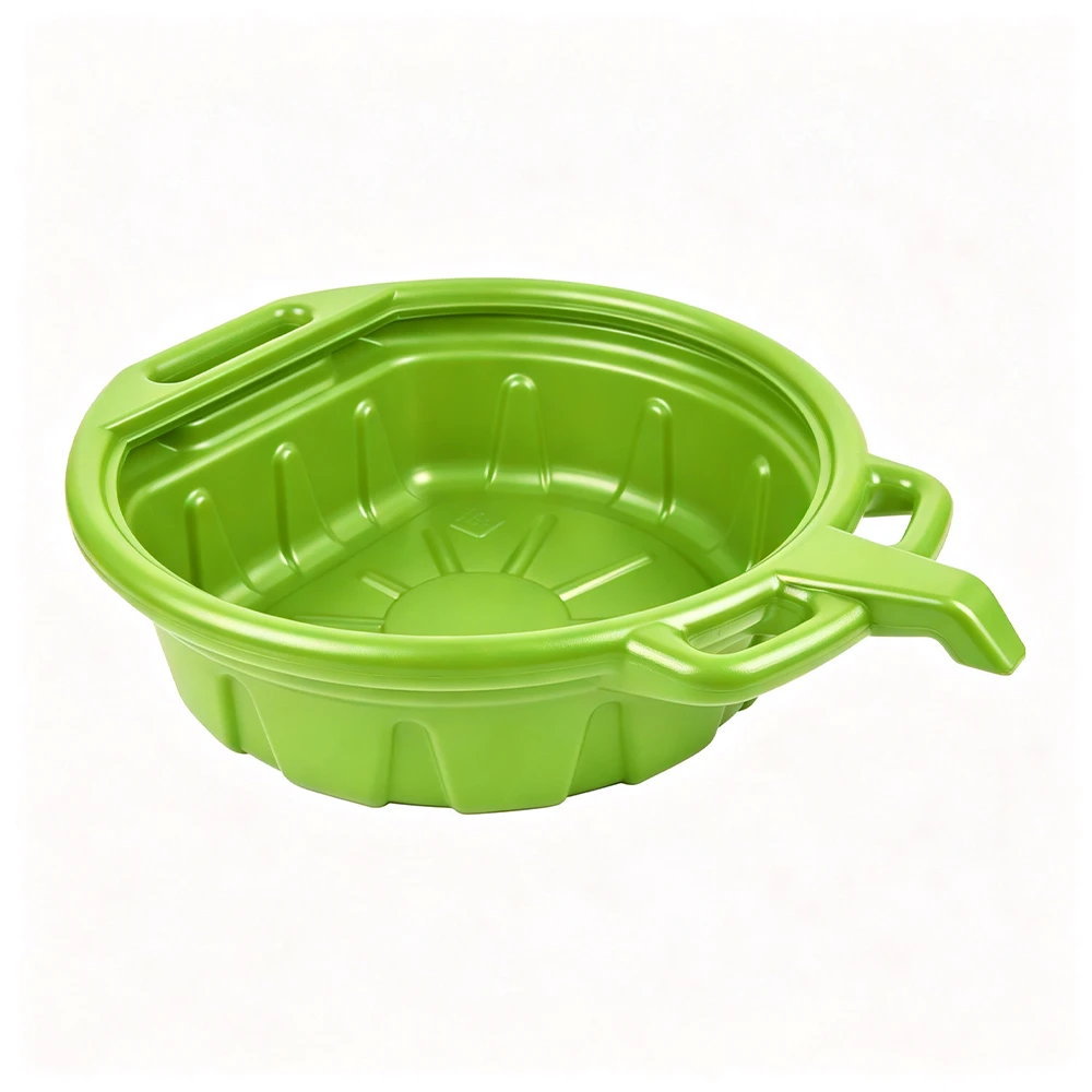 Green VIKTEC-style automotive oil drain pan with a wide circular basin, molded carrying handles, reinforced ribs and an integrated pouring spout.