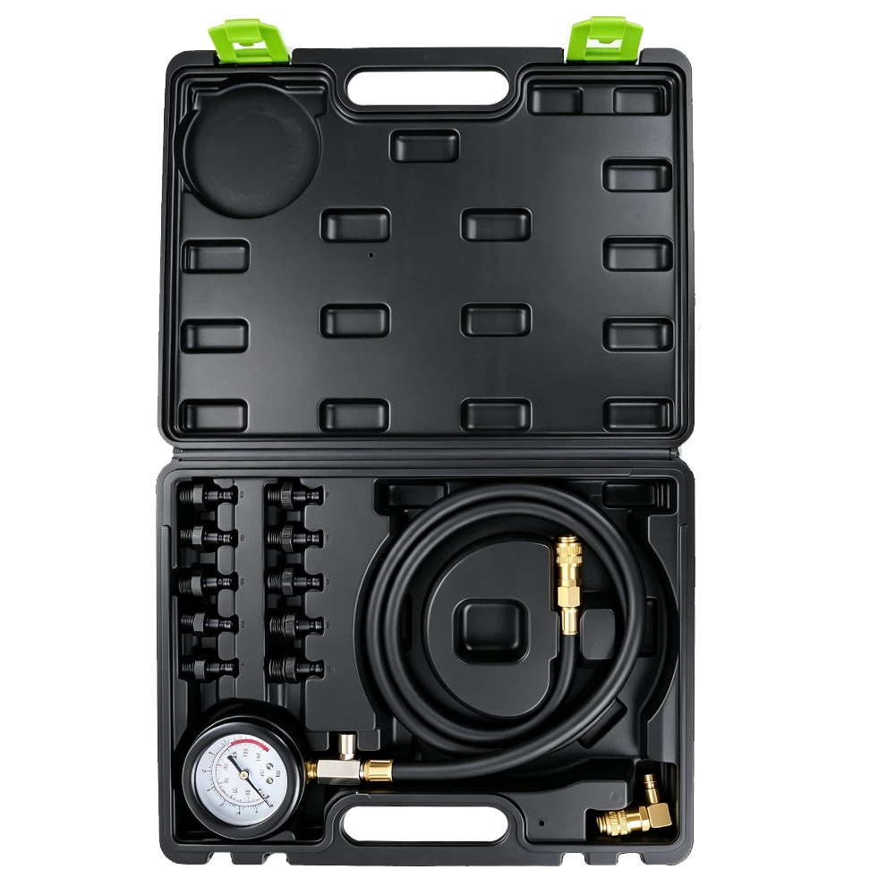 Engine Oil Pressure Tester Kit with Multiple Adapters 3 Open VIKTEC automotive oil pressure test kit with pressure gauge, flexible hose and multiple threaded engine adaptors in a molded carrying case.