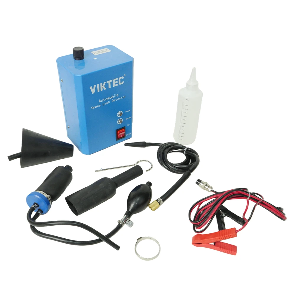 Kit detector de fugas de humo para automóviles de 12V 5 Kit detector de fugas de humo automotriz VIKTEC con máquina de prueba azul, cables de alimentación, mangueras, adaptadores de goma y botella de fluido para humo para localizar fugas del sistema.