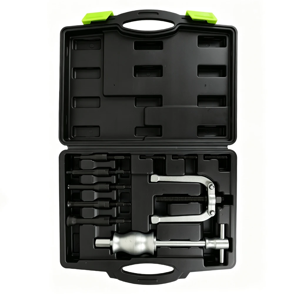 Kit extrator de rolamentos cegos VIKTEC aberto com collets internos expansíveis, extrator de duas garras e martelo deslizante em um estojo moldado para transporte.