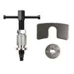 VIKTEC brake piston wind-back tool with threaded spindle, reaction plate and double adaptor for retracting disc brake caliper pistons.