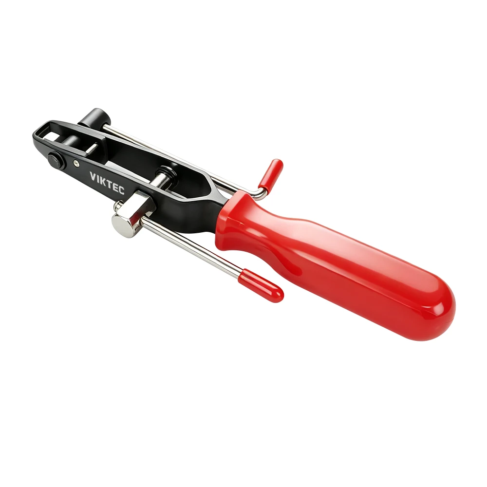 CV Boot Clamp Pliers for Ear-Type Clamp Installation 4 VIKTEC CV joint boot and hose clamp pliers with winding spindle and red handle for installing and tightening metal band clamps.