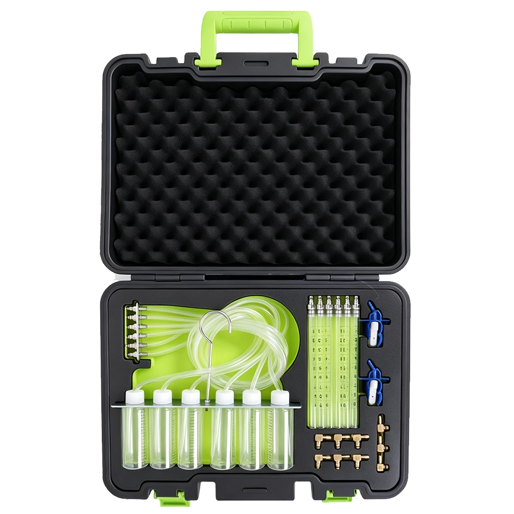 Common Rail Diesel Injector Flow Meter Test Kit 2 Open VIKTEC common rail diesel injector return flow test kit with measuring bottles, graduated tubes, hoses and adaptor fittings.