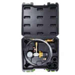 Open VIKTEC cooling system vacuum purge and refill kit with pressure gauge, transparent hose, brass fittings and radiator neck adaptors in a molded case.