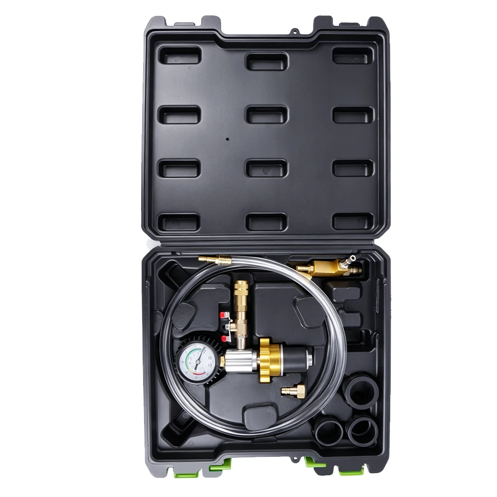 Vacuum Cooling System Refilling Kit for Automotive Coolant Service 4 Open VIKTEC cooling system vacuum purge and refill kit with pressure gauge, transparent hose, brass fittings and radiator neck adaptors in a molded case.