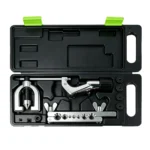 Open VIKTEC double brake pipe flaring tool kit with flaring yoke, tube cutter, clamping bar and pipe adaptors in a molded carrying case.