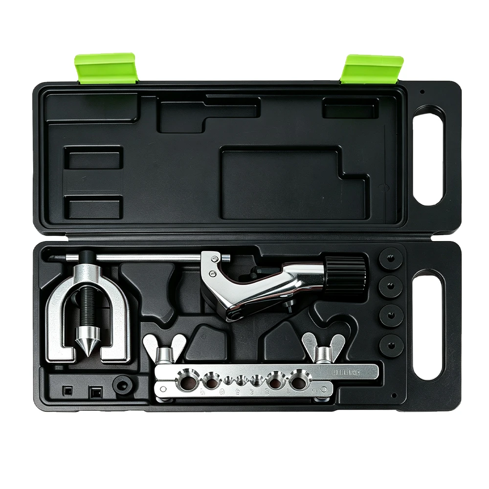 Open VIKTEC double brake pipe flaring tool kit with flaring yoke, tube cutter, clamping bar and pipe adaptors in a molded carrying case.