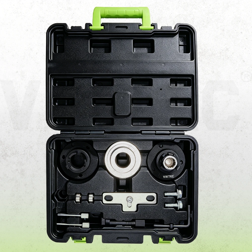 VIKTEC Ford 1.0L EcoBoost camshaft and crankshaft locking tool set displayed in an open black blow mold case.