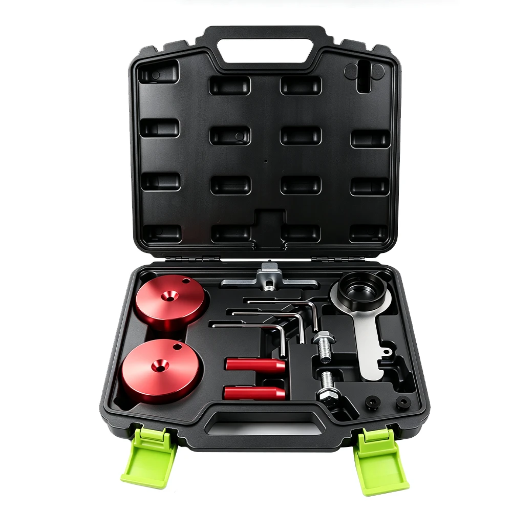 Open VIKTEC engine timing tool set for Ford 2.0 TDCi EcoBlue diesel engines with locking plates, pulley tools, pins and accessories.