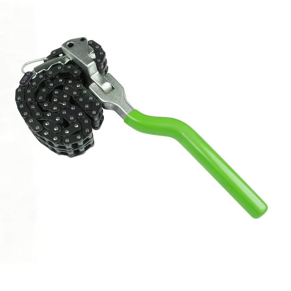 VIKTEC heavy-duty chain oil filter wrench with a green handle, adjustable for removing filters from 60mm to 195mm.