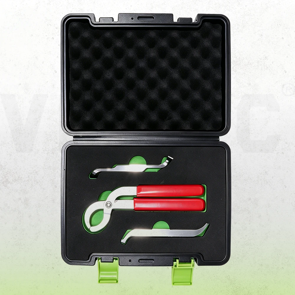 Kit de dépose de durites VIKTEC comprenant une pince à mâchoires rondes et deux leviers métalliques séparateurs de durites, rangés dans une mallette de transport noire.