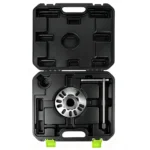 Open VIKTEC VT01654D hydraulic wheel hub and drive shaft puller kit with a slotted four- and five-bolt hub plate, hydraulic spindle, centering adaptor and operating handle in a molded carry case.