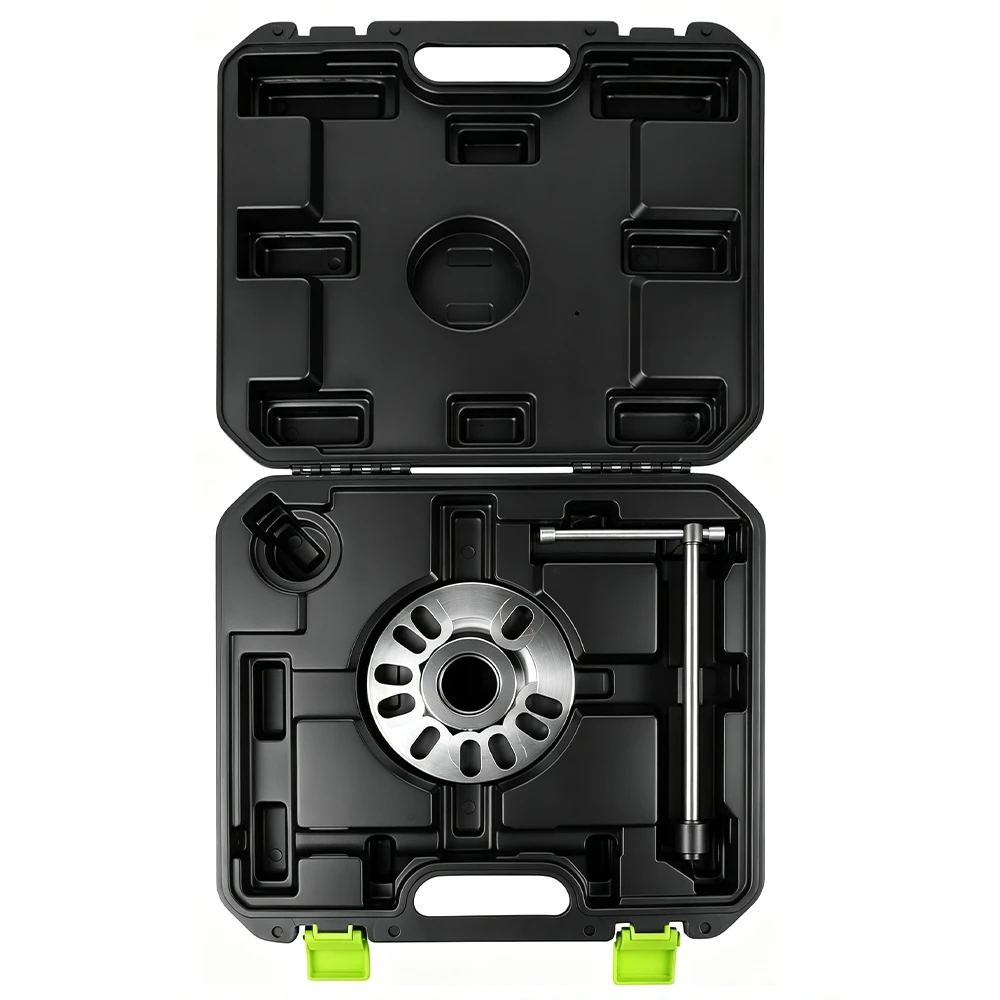 Open VIKTEC VT01654D hydraulic wheel hub and drive shaft puller kit with a slotted four- and five-bolt hub plate, hydraulic spindle, centering adaptor and operating handle in a molded carry case.