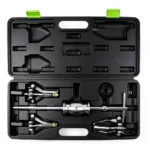 Open VIKTEC internal bearing puller set featuring three expanding jaw pullers and a heavy-duty slide hammer in a fitted storage case.