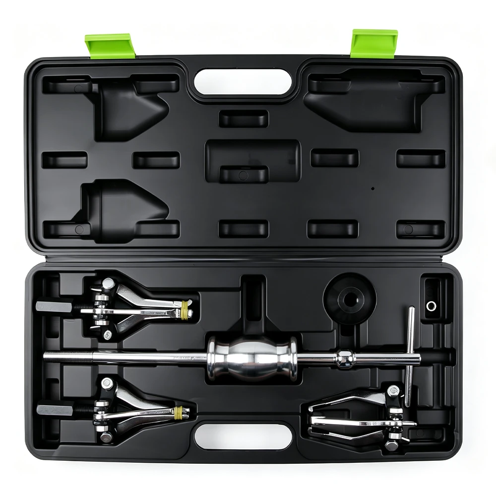 Juego extractor de martillo deslizante para rodamientos internos y externos de 3 garras 4 Juego abierto de extractores de rodamientos internos VIKTEC con tres extractores de garras expansibles y un martillo deslizante de alta resistencia en un estuche de almacenamiento a medida.