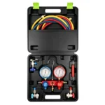 Open VIKTEC air-conditioning manifold gauge kit with dual gauges, red, blue and yellow charging hoses, couplers and service accessories for R22, R134a and R410a systems.