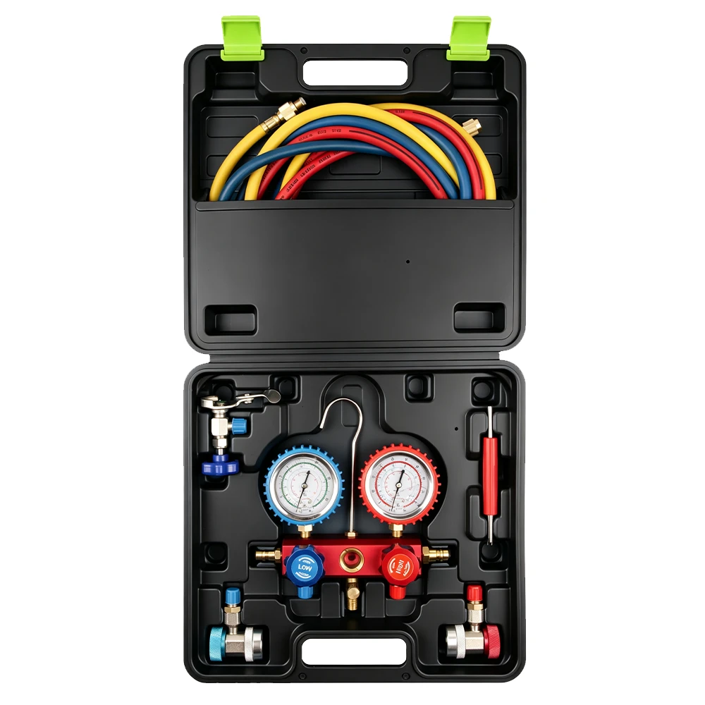 Open VIKTEC air-conditioning manifold gauge kit with dual gauges, red, blue and yellow charging hoses, couplers and service accessories for R22, R134a and R410a systems.