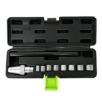 Open VIKTEC metric clutch alignment tool set with tapered alignment shaft and multiple pilot adaptors in a compact storage case.
