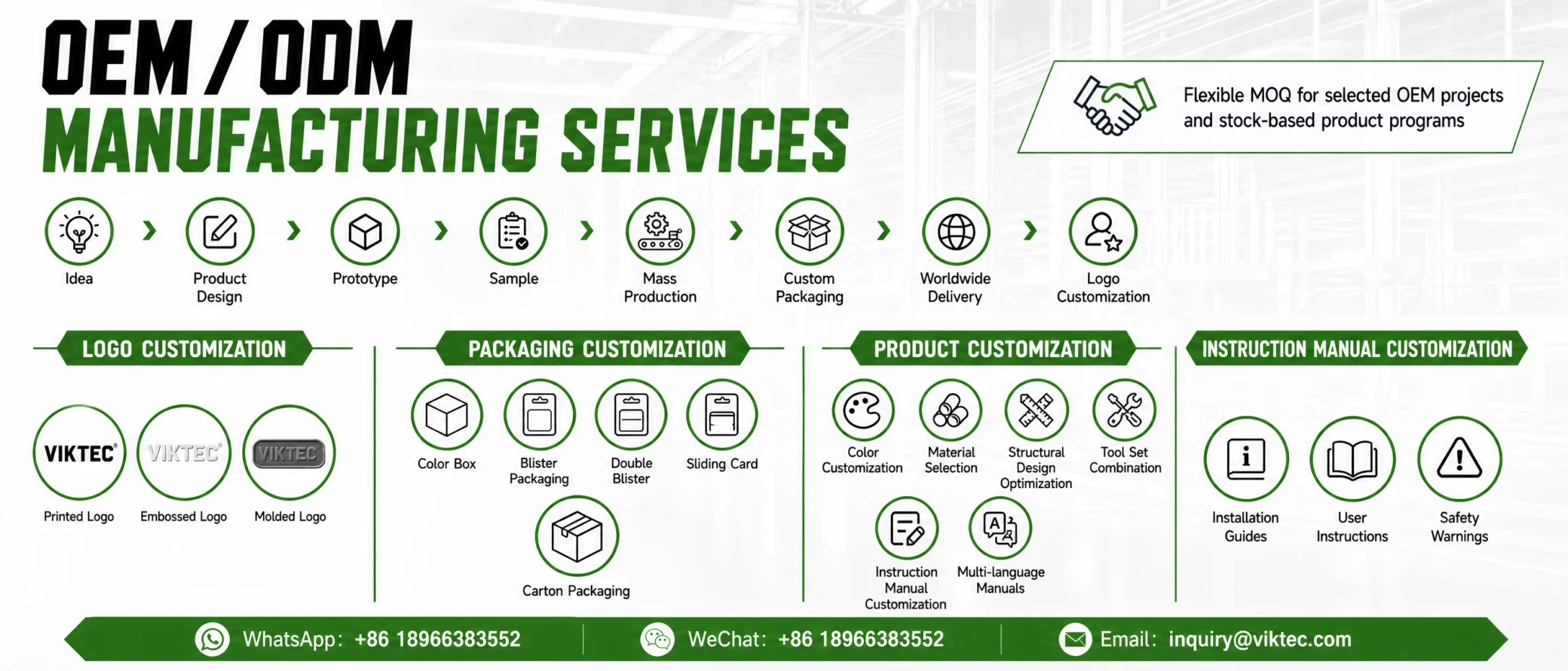 VIKTEC OEM and ODM automotive tool manufacturing services including logo customization, custom packaging, product customization, instruction manuals, mass production and worldwide delivery.