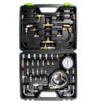 Kit abierto VIKTEC TU-114 para prueba de presión de inyección de combustible con manómetro de 0–140 PSI, mangueras, válvulas y múltiples adaptadores automotrices.