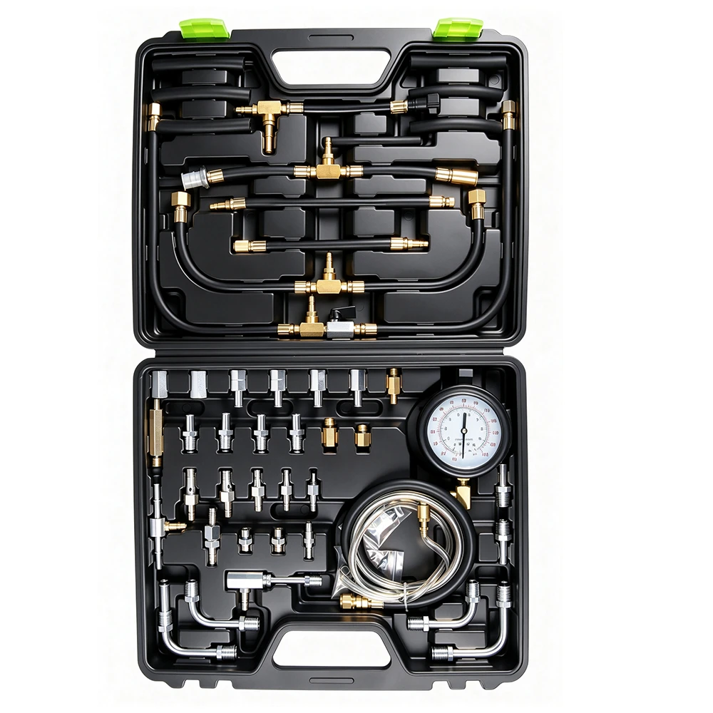 Kit universal para probar la presión de combustible 0-140 PSI / 0-10 Bar 4 Kit abierto VIKTEC TU-114 para prueba de presión de inyección de combustible con manómetro de 0–140 PSI, mangueras, válvulas y múltiples adaptadores automotrices.