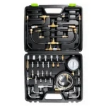 Open VIKTEC TU-443 multifunction fuel and oil pressure tester kit with pressure gauge, hoses, valves and multiple automotive adaptors.